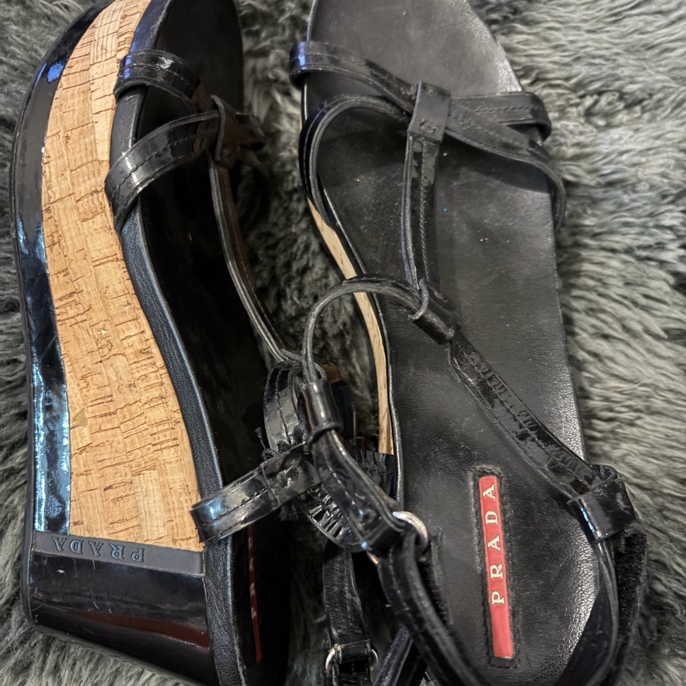 Prada Black Wedge Sandals